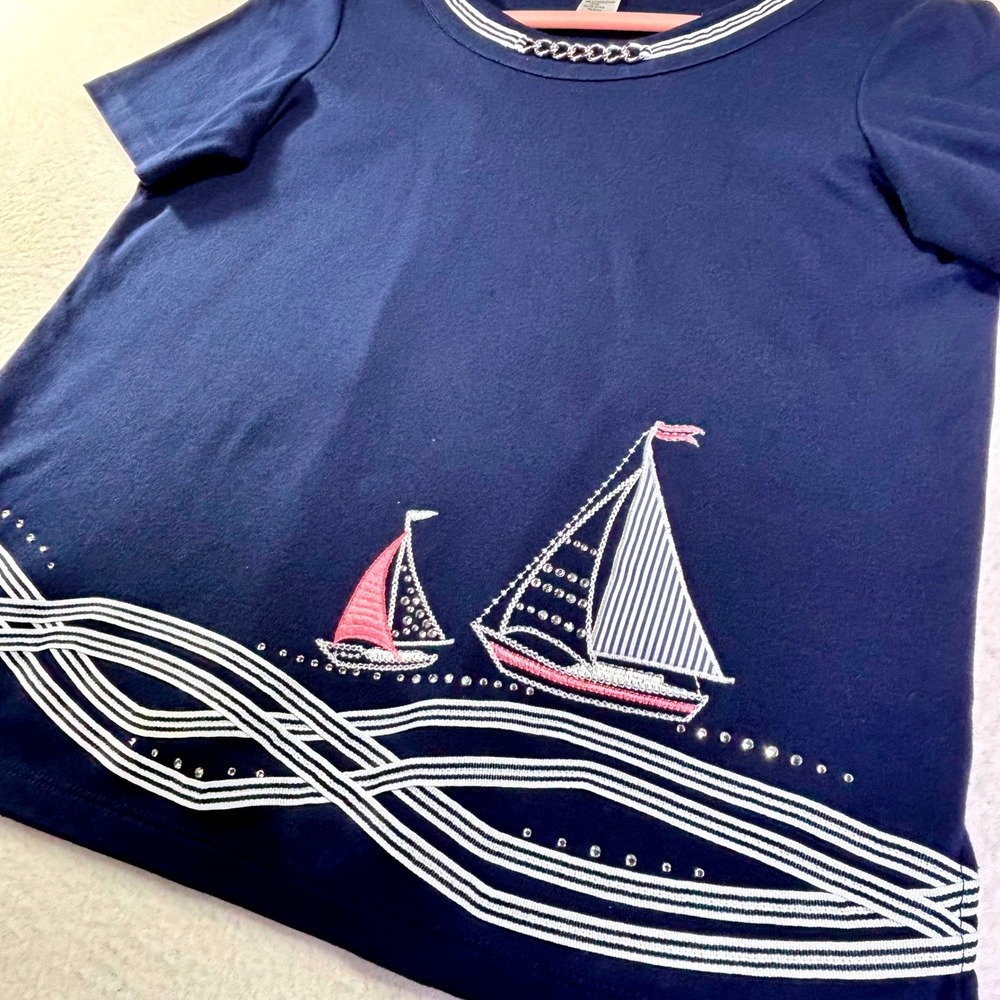 Alfred Dunner Petite Navy Sailboat Rhinestone Knit Top PS Nautical Short Sleeve